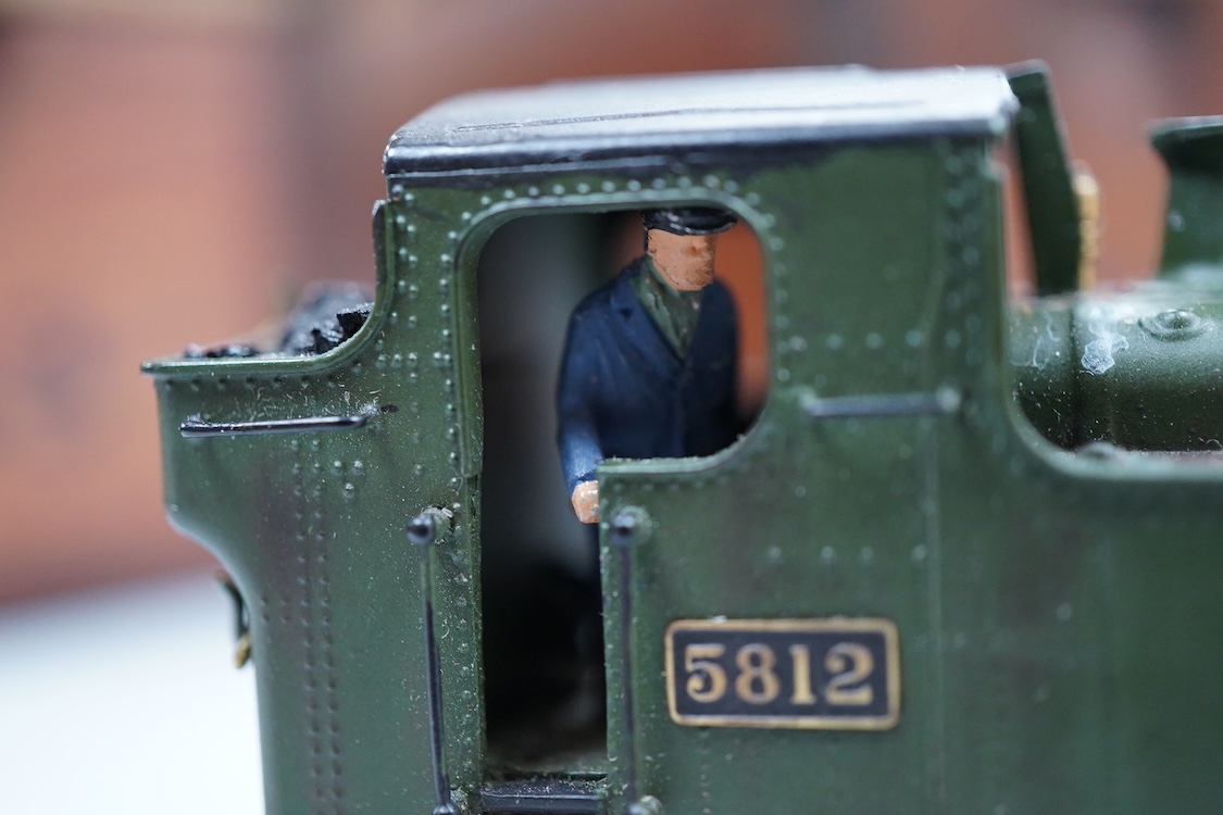 Three EM gauge GWR model railway locomotives scratch built or adapted from kits by John Worsley; 0-4-2T, 5812, 0-4-2T, 1468, and 0-4-0ST, 1143, all well detailed models.